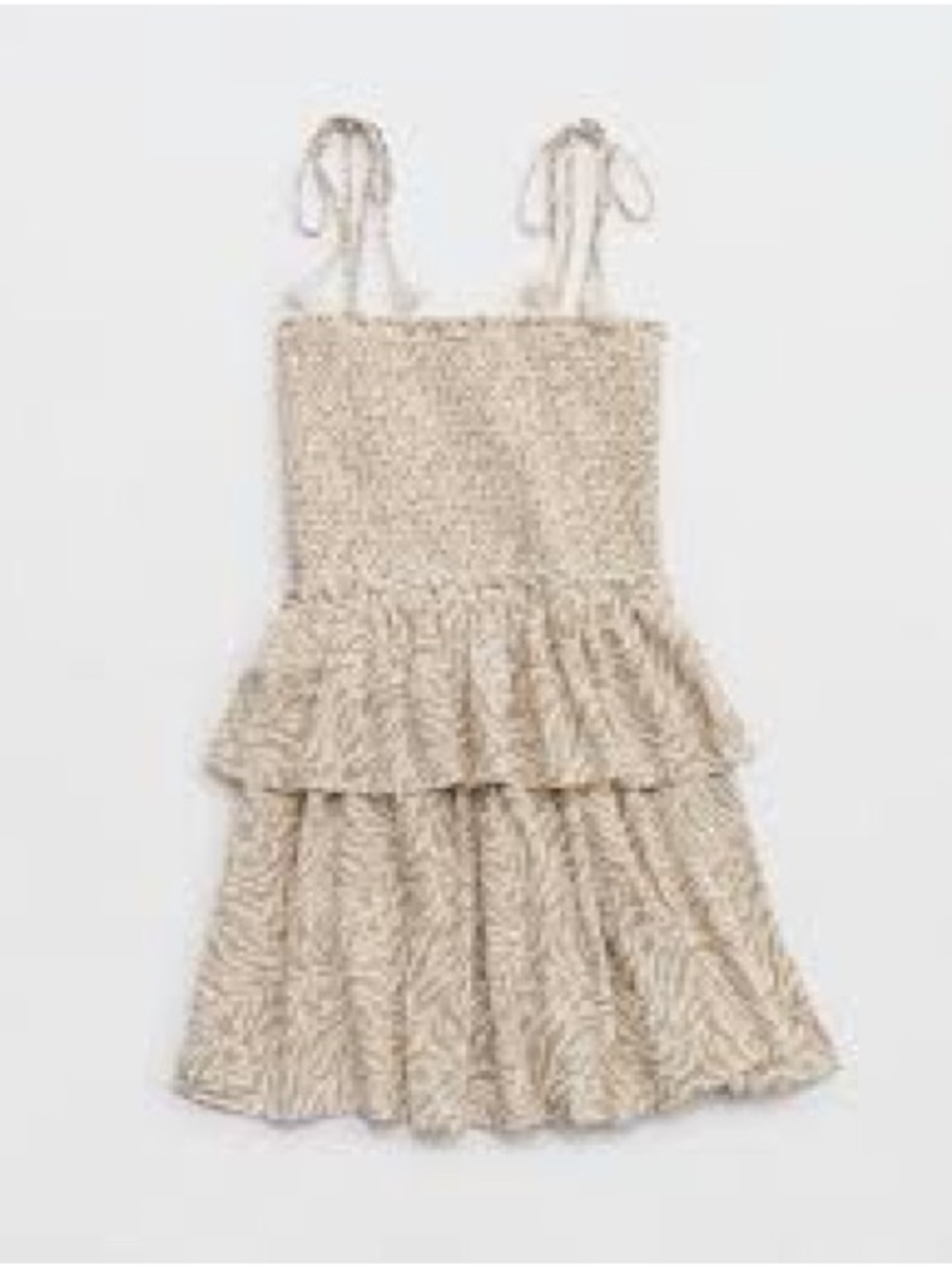 aerie | Beige Tiered Mini Dress with Smocked Top and Tie Straps